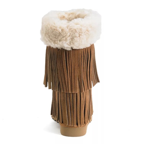Madden Girl Brown Cognac Faux Fur Sleet Fringe Wedge Platform Boots - Picture 3 of 5
